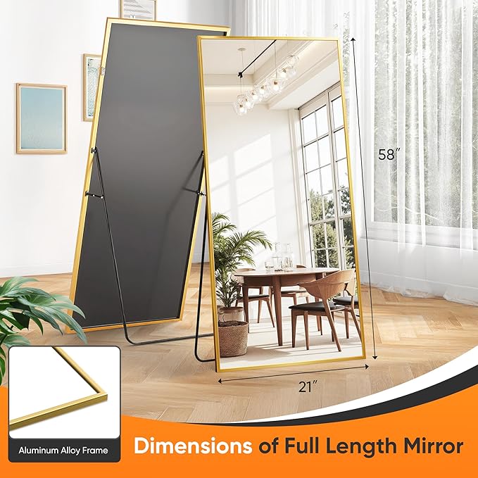 Suidia Full Length Mirror, 58"x21" Floor Standing Mirror Freestanding, Full Body Mirrors with Stand for Bedroom, Hanging Mounted for Living Room Cloakroom, Gold, Rectangular Style