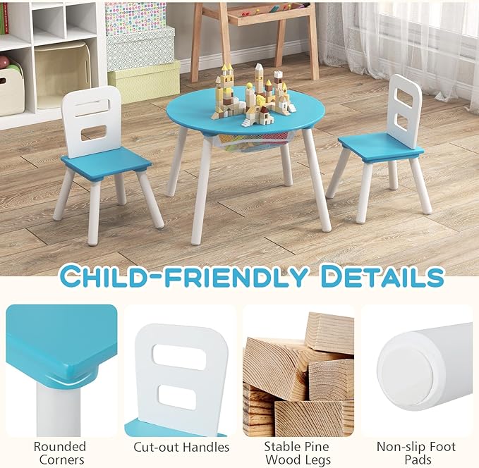 Costzon Kids Table and Chair Set, Wood Activity Table w/Center Mesh Storage, Children Furniture Gift for Boys & Girls, Ideal for Arts, Crafts, Snack Time, Homework, Toddler Table and Chair Set, Blue