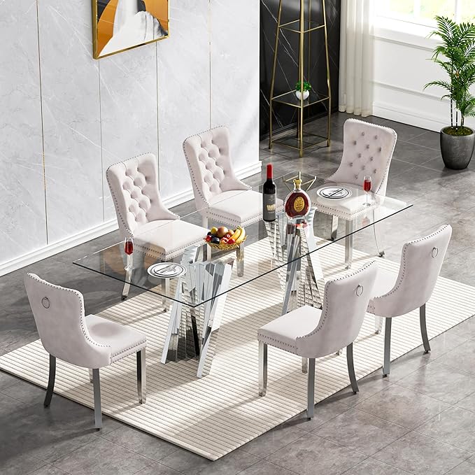 Goujxcy Modern 7 Piece Glass Dining Table Set Luxury Glass Kitchen Table and Chair Set for 6, 70" Large Rectangular Dining Room Table with 6 Tufted Chairs and Stainless Steel Legs (Silver & Beige)