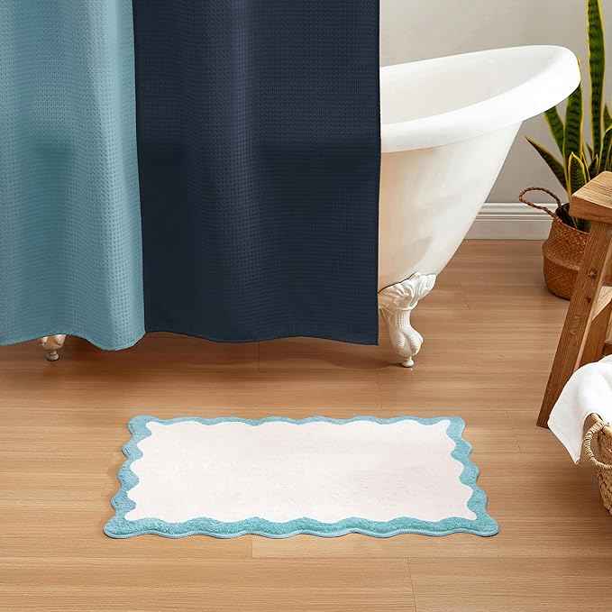 MONDAY MOOSE Bath Mat with Scalloped Wavy Ripple Design, Microfiber Absorbent Non Slip Tufted Rug for Floor, Shower or Kitchen (20x32 inch, Sky Blue)