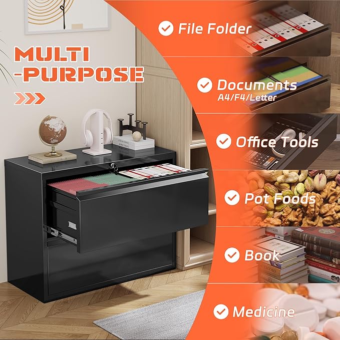 Bonusall Lateral File Cabinet 2 Drawer, Metal Lateral Filing Cabinet with Lock, Locking Horizontal Drawers File Cabinets for Legal/Letter / A4 / F4 Size for Home Office, Steel, Heavy Duty, Black