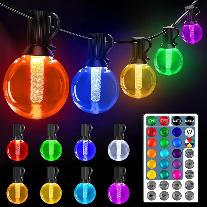Ollny RGBW Outdoor Lights 20 Bulbs 30FT, Red White Blue String Light for Independence and Memorial Day, Plug in Remote Waterproof Timers Patio Lights for American Holiday Outside Balcony Porch Yard