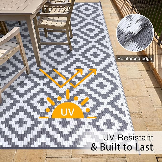 OLANLY Waterproof Outdoor Rug 6x9 ft, Outdoor Plastic Straw Rug for Camping, RV Mat Outside, Outdoor Carpet for Porch, Deck, Backyard, Balcony, Picnic, Grey & White