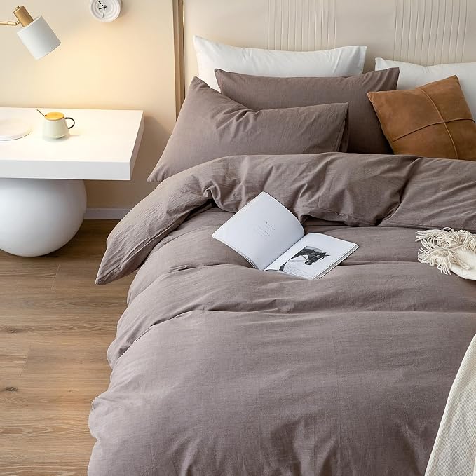 JIYUAN 100% Washed Cotton Duvet Cover Set 3 Pieces Oversized King, 1 Duvet Cover 120x98 Inches(Comforter Not Included) and 2 Pillowcases,Linen Like Comfy and Breathable, Heathered Mauve Brown