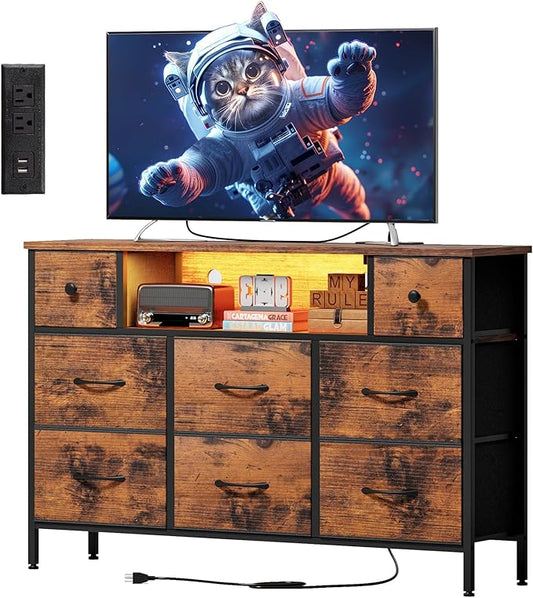 Fixwal TV Stand Dresser for Bedroom with Storage and LED Lights, Rustic Brown 55" TV Stand with 8 Drawers, Fabric Chest of Drawers with Wood Grain Finish for Entryway