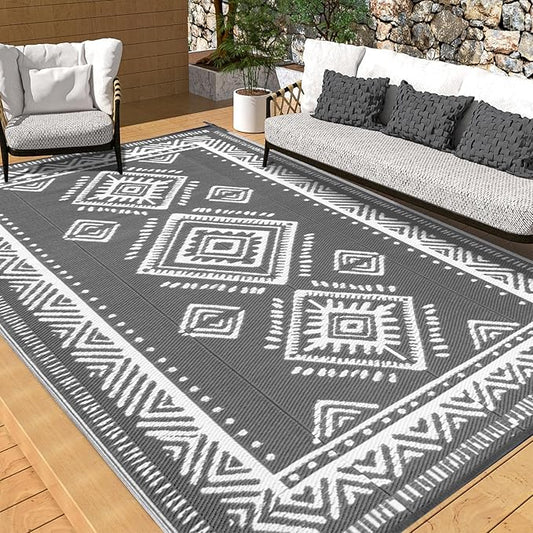 OMERAI Reversible Waterproof Outdoor Rug for Backyard,Plastic Textured Resistant Outdoors Rugs,Portable Washable Easy Cleaning Foldable Camping Beach Carpet for Patio Courtyard, 6'x9' Gray & White