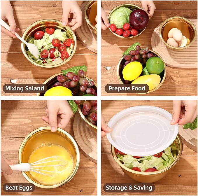 Baderke 7 Pcs Gold Kitchen Accessories Includes Stainless Steel Colander with Handles, 3 Gold Mixing Bowls with Airtight Lids and 3 Fine Mesh Strainer (Colander: 5 Qt, Mixing Bowls: 1.5/2/3 Qt)