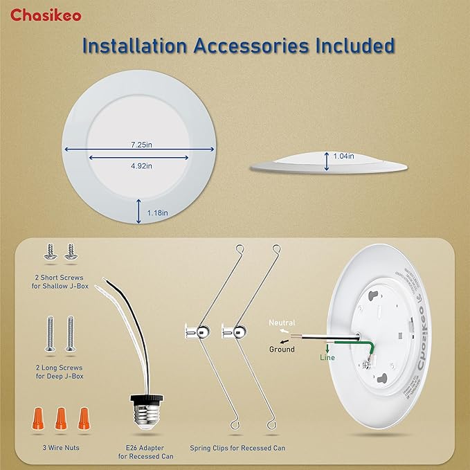 5/6 Inch LED Disk Lights - 5CCT Adjustable (2700K-5000K) Dimmable Flush Mount Disc Light Low Profile Recessed & Surface Mount Ceiling Lights, CRI90+, 14.8W 1150LM, UL/FCC/Energy Star (4 Pack)
