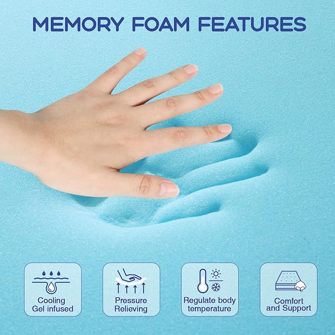 VALUXE Queen Mattress Topper 3 Inch Cooling Gel Memory Foam, CertiPUR-US Certified Topper & Pad for Back Pain Relief, Soft Breathable Bedding with Pressure Relief (Blue)