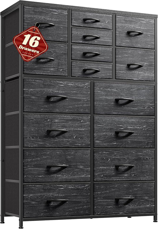 57“H Tall Dresser for Bedroom with 16 Drawers,Fabric Dressers & Chests of Drawers for Closet,Large Black Dresser with Sturdy Metal Frame, Wood Top,Entryway, Hallway