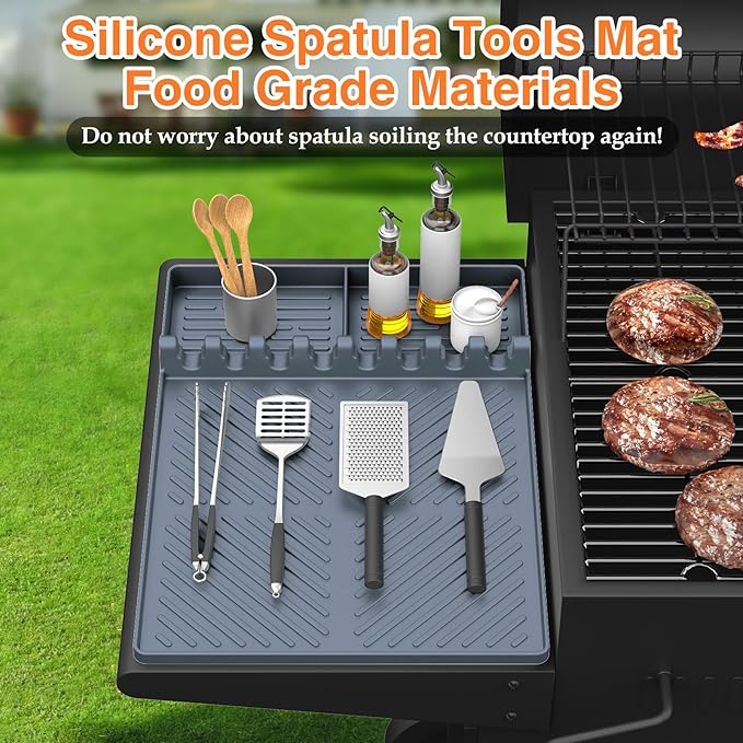 Silicone Griddle Tools Mat for Blackstone, Griddle Accessories Side Shelf Mat Grill Pad for Outdoor Grill Kitchen Counter Spatula Silicone Mat with Drip Pad (Grey (2Packs))