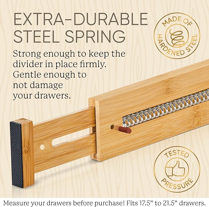 Night Tree Expandable Bamboo Drawer Dividers – Spring-Loaded Wooden Organizers for Clothes, Kitchen Utensils, Bathroom, and Dresser Drawers (17.5" to 21.5")