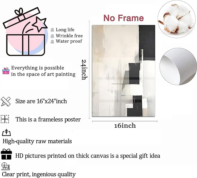 3Pcs Neutral Abstract Canvas Wall Art Pictures Modern Minimalist Posters Prints Beige Black Simple Wall Decoration for Living Room Bedroom Bathroom Office 16x24in Unframed
