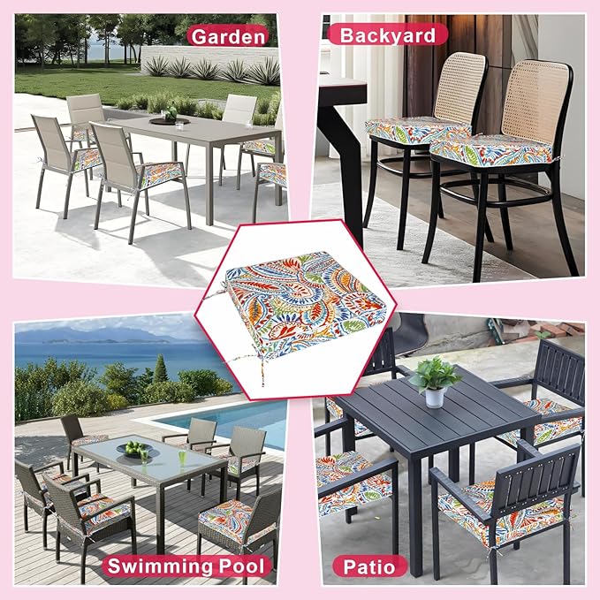 Outdoor Chair Cushions 19 x 19 Inch Set of 4 Water Resistant Seat Cushions with Ties, Outdoor Cushions for Patio Furniture with 3-Year Fade Resistant