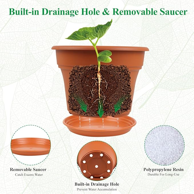 13 Inch Plastic-Flower-Pot-for-Indoor-Plants, 4 Pack Large Outdoor Planter Pot with Drainage Holes & Saucers, Resin Decorative Garden Pots Planters