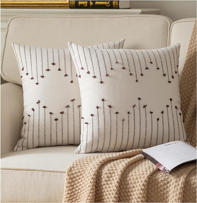Boho Throw Pillow Covers 20x20 Set of 2 Decorative Pillows for Bed, Neutral Pillow Covers Beige with Coffee Line Throw Pillows for Modern Farmhouse Couch Sofa Living Room Outdoor