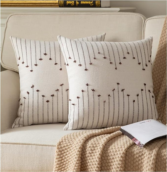 Boho Throw Pillow Covers 20x20 Set of 2 Decorative Pillows for Bed, Neutral Pillow Covers Beige with Coffee Line Throw Pillows for Modern Farmhouse Couch Sofa Living Room Outdoor
