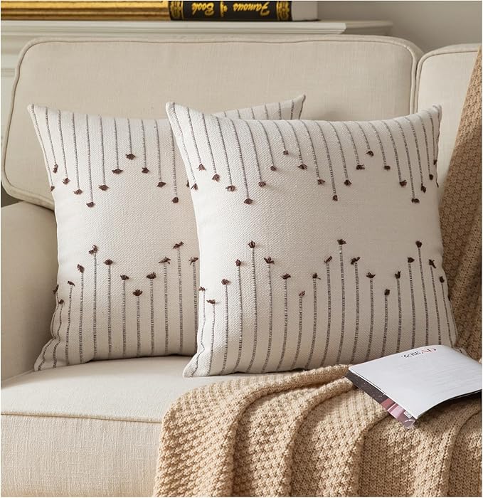 Boho Throw Pillow Covers 18x18 Set of 2 Decorative Pillows for Bed, Neutral Pillow Covers Beige with Coffee Line Throw Pillows for Modern Farmhouse Couch Sofa Living Room Outdoor
