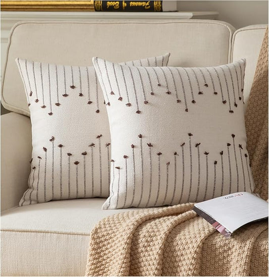 Boho Throw Pillow Covers 18x18 Set of 2 Decorative Pillows for Bed, Neutral Pillow Covers Beige with Coffee Line Throw Pillows for Modern Farmhouse Couch Sofa Living Room Outdoor