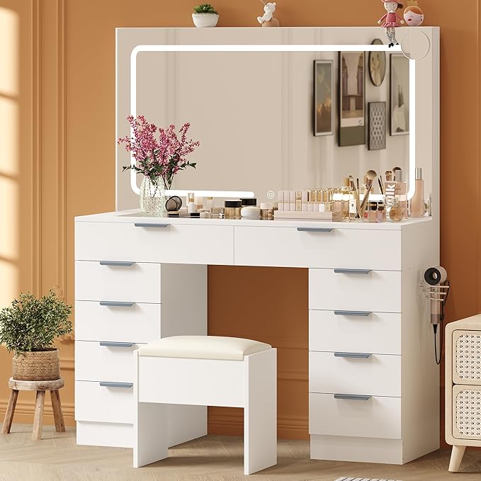 Vanity Desk with Large Mirror and Lights, Makeup Vanity Desk Set with Power Outlet, Stool, 10 Drawers Storage, Magnifying Glass, Hairdryer Holder, 3 Lighting Color Adjustable for Bedroom (White)