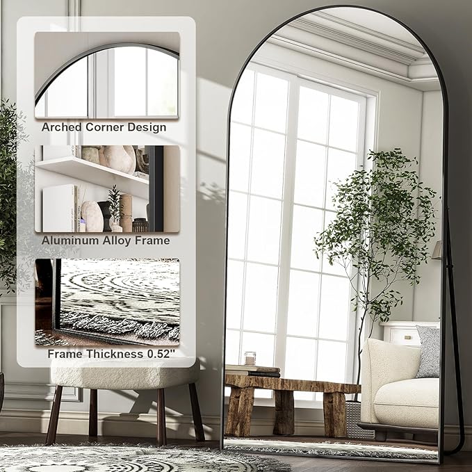 HARRITPURE 80"x40"Full Length Mirror - Arch Floor Mirrors with Aluminum Alloy Frame Free-Standing Wall Mounted or Leaning Large Bedroom Dressing Mirror,Black