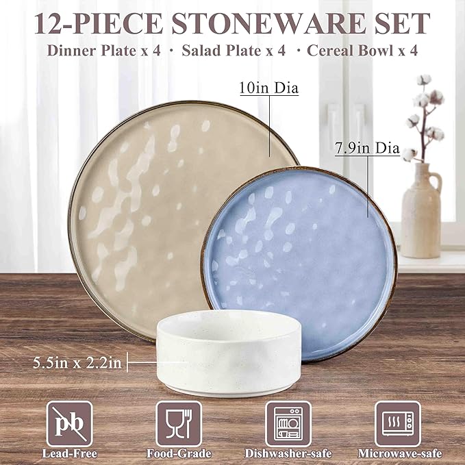 Herogo 12 Pieces Dishware Sets for 4, Stoneware Dinnerware Dish Set, Dinning Plates and Bowls for Home Kitchen, Dishwasher & Microwave Safe, Multicolor