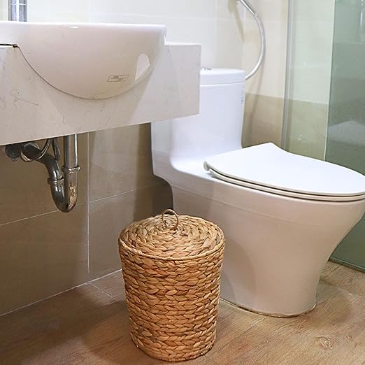 KOLWOVEN Wicker Trash Can with Lid in Bedroom, Bathroom - Trash Can in Office - Boho Woven Wicker Waste Basket - Office Garbage Cans for Under Desk (Water Hyacinth, Medium (D11 X H11))