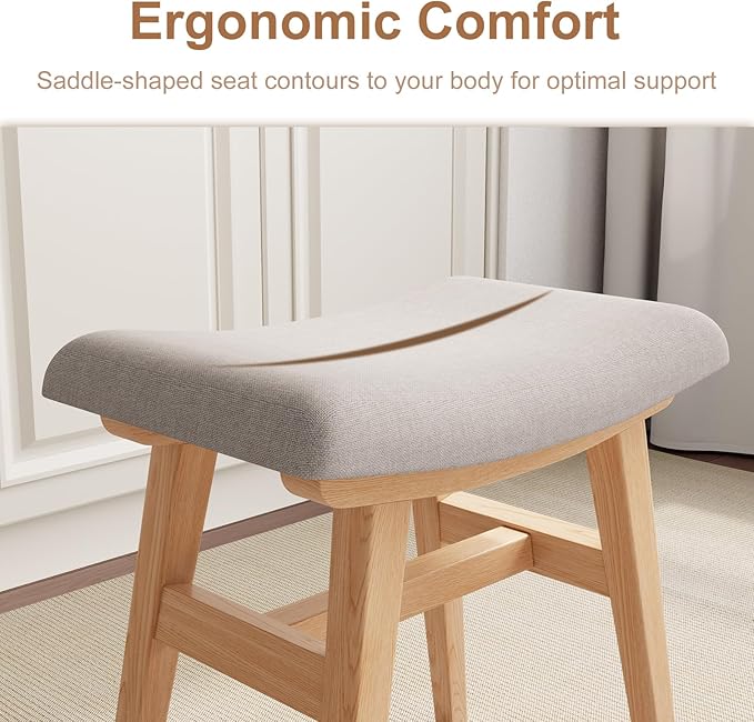 Solid Wood Small Vanity Stool, Compact Makeup Chair with Saddle Cushion, Linen-Covered High Rebound Sponge Seat, Easy Assembly Footstool, Modern Ottoman for Bedroom, Entryway, Home, Natural