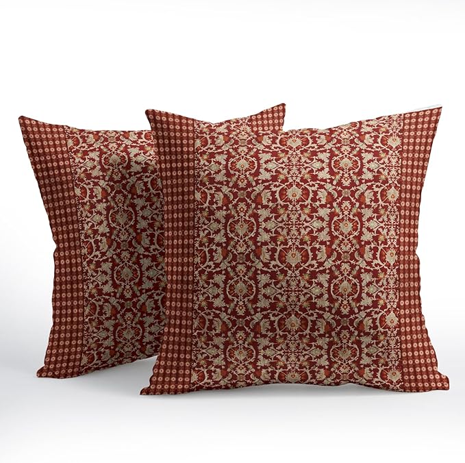 Kawani Red Antique Pillow Covers 18x18 Inch Vintage Floral Block Print Decorative Throw Pillows Set of 2 Retro Turkish Pillowcases for Couch Indoor Outdoor Home Decor