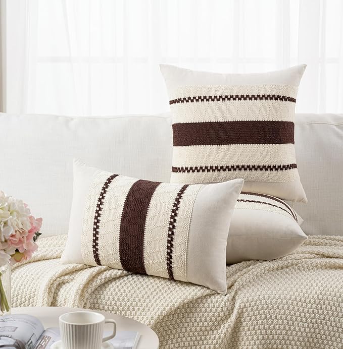 Fancy Homi Set of 2 Boho Brown Big Decorative Throw Pillow Cover 24x24 Inch for Couch Bed Bedroom, Aesthetic Modern Organic Farmhouse Room Decor, Soft Cotton Accent Macrame Woven Cushion Case