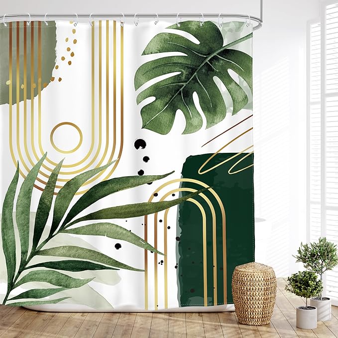 Glawry Green Gold Boho Mid Century Shower Curtain Extra Long Abstract Tropical Plant Minimalist Modern Geometric Bathroom Palm Leaf 72Wx84L Inches Bath Accessories Art Home Decor Fabric 12 Pack Hooks
