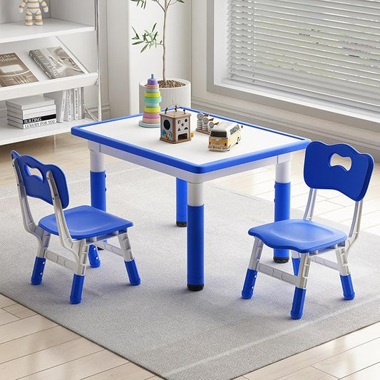 Toddler Table and 2 Chairs, Kids Table and Chair Set Height Adjustable, 31.5''L x 23.6''W Multifunctional Graffiti Desktop for Reading, Drawing, Eating, for Girls & Boys Age 2-10, Blue