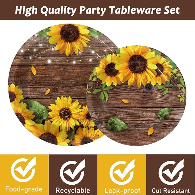 96 Pcs Sunflower Party Plates Napkins Tableware Set Sunflower Wood Grain Themed Supplies Disposable Dinnerware Sunflower Decoration Favors for Kids, 24 Guests
