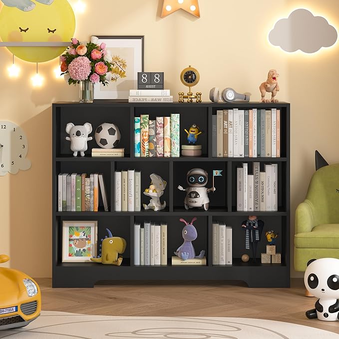Kids Book Shelf Set of 2, 10 Cubes Storage Organizer Montessori Bookshelf, 3-Tier Wooden Kids Bookcase, Toy Storage Organizer for Children, Black Bookshelf Cube Shelf for Kid’s Room