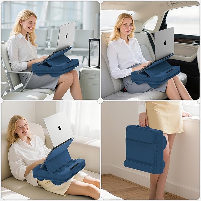 Laptop Lap Desk with Cushion, Adjustable Lap Desk Pillow with Storage, Portable Lap Table for Adults Student, Laptop Stand for Bed Office College Dorm Home Room Couch, Fits Up to 14.9" PC Tablet, Blue