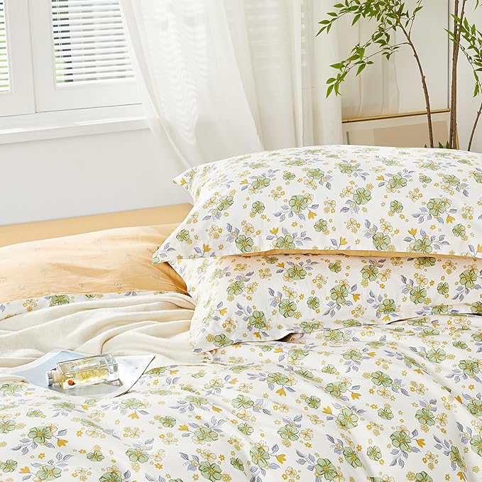 SAPHREAS Green Floral Duvet Cover Set King Size 3pcs Soft Breathable Yellow Flowers Bedding Comforter Cover Set 100% Cotton 1 Duvet Cover 104"x90" 2 Pillow Shams, Comforter Not Included
