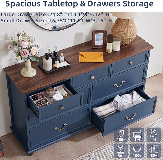 Farmhouse 7 Drawers Dresser for Bedroom, Navy Blue 54 Inch Wide Chest of Drawers w/ 4 Wooden Legs, Large Vintage Rustic Closet Dressers for Living Room, Wood TV Stand with Storage Organizer