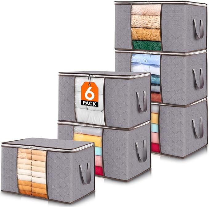 Lifewit 6 Pack Clothes Storage, Foldable Storage and Organization, Storage Bins with Lids, Blanket Storage with Clear Window, Closet Storage with Reinforced Handles for Clothing, Bedding, Light Gray