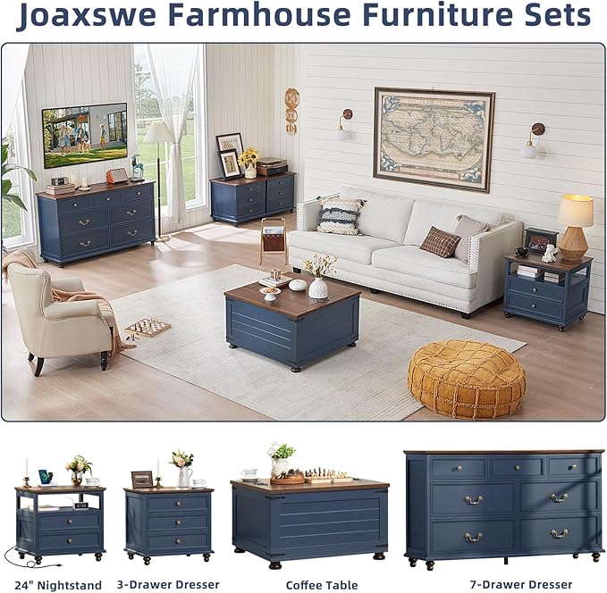 Farmhouse 7 Drawers Dresser for Bedroom, Navy Blue 54 Inch Wide Chest of Drawers w/ 4 Wooden Legs, Large Vintage Rustic Closet Dressers for Living Room, Wood TV Stand with Storage Organizer