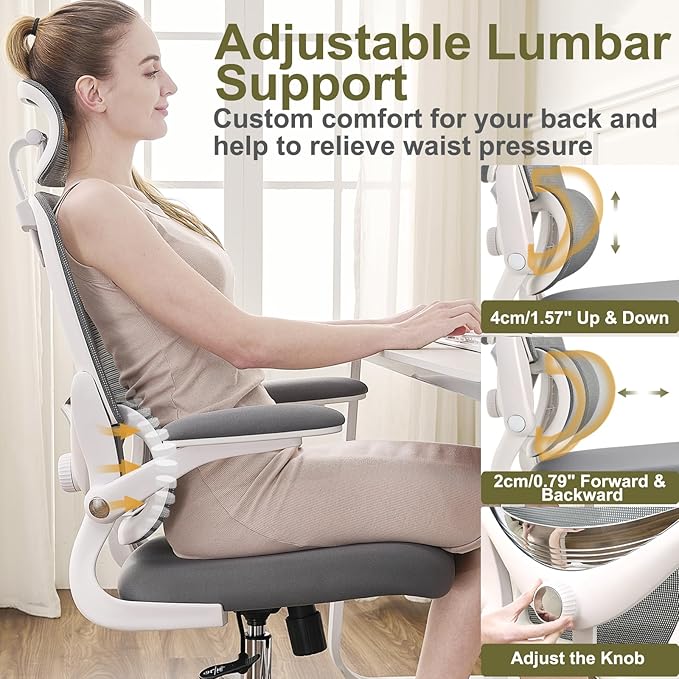 Ergonomic Home Office Chair, High Back Mesh Desk Chair with Adjustable Lumbar Support, Flip-up Armrest, Removable Headrest, Swivel Computer Gaming Chair, Space Saving, 330LBS (White+Grey)