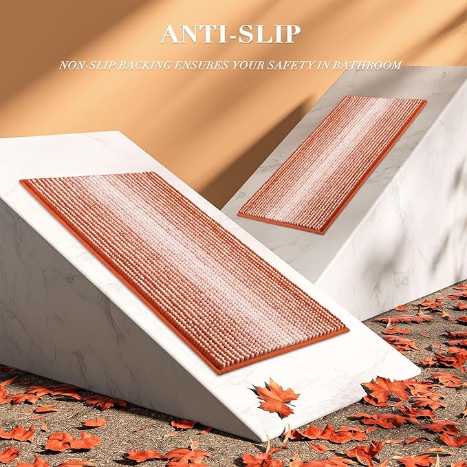 Bathroom Rugs and Mats Sets, 2 Piece Thick Absorbent Chenille Bath Mat Rug Set Non Slip, Soft Shaggy Bath Room Floor Mats for Bathroom, Machine Washable (Sunset Orange, 20" x 60" Plus 20" x 32")