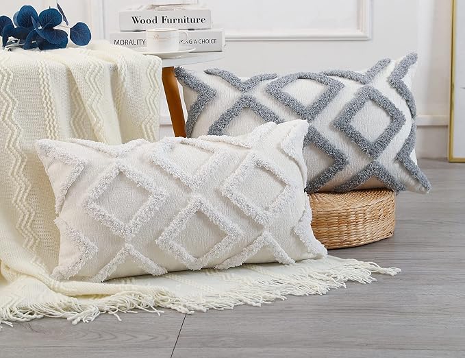 Diamond Pattern Long Pillow Covers 16 x 26,Plush Chenille Decorative Long Lumbar Pillow Covers Pillow Case Cushion Case for Sofa Couch Bed Livingroom Farmhouse,Modern Boho,Cream White