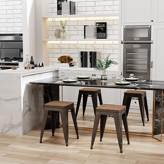 Andeworld 18 Inch Stools Set of 4,Industrial Metal Dining Chair with Wooden Seat,Short Kitchen Bar Stools Stackable for School,Classroom,Rusty