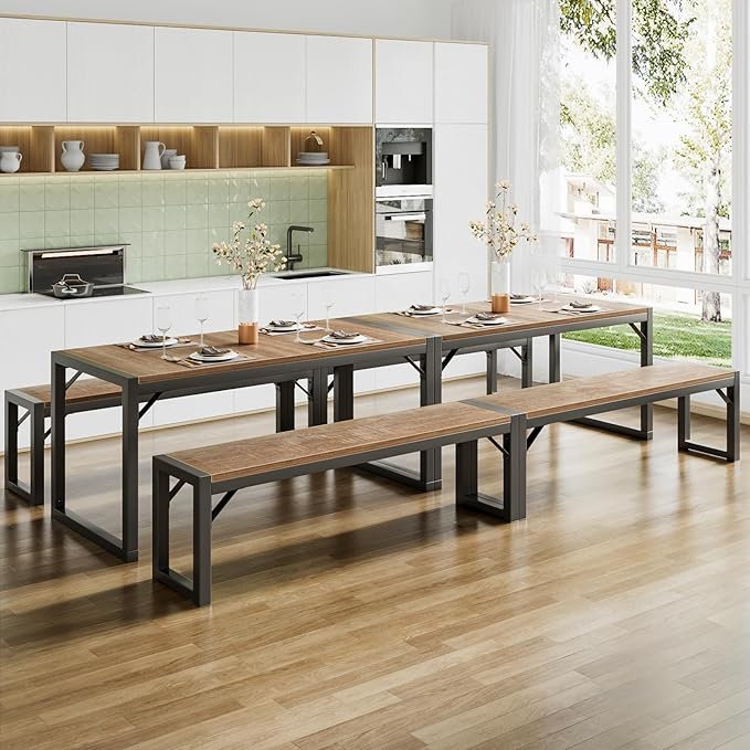 SHA CERLIN Kitchen Dining Table Set for 4 with Benches, Rustic Small Space Saving Dinette, Heavy Duty Metal Frame