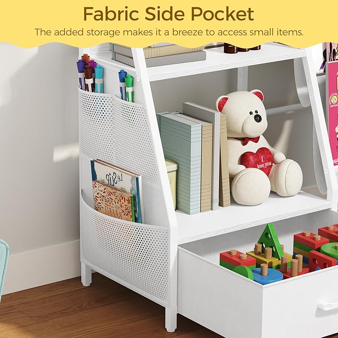 Kids Bookshelf and Toy Storage,3-Tier Sling Bookcase for Kids,Sturdy Toddler Bookshelf for Nursery,Playroom, Bedroom,White KBWT8401