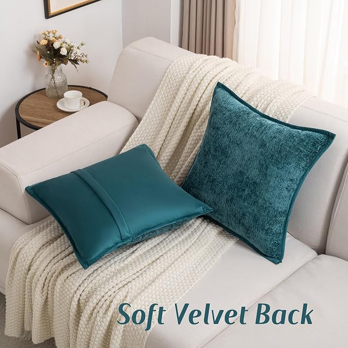 FUTEI Teal Chenille Throw Pillow Covers 26x26 Inch Set of 2,Soft Cozy Bound Edge Design Euro Pillow Sham,Home Decor for Couch Bed Living Room