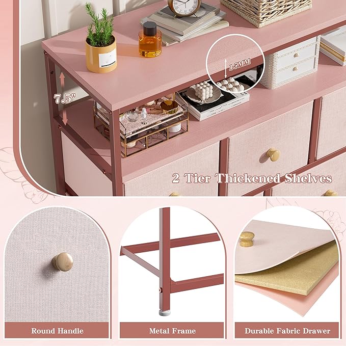 EnHomee Dresser for Bedroom with 7 Drawers and 2 Shelves,Tv Stand for Bedroom,Pink Dresser for Closet,Hallway,Entryway,Dormitory,Dorm Storage