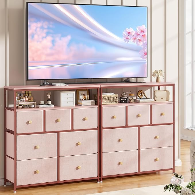 EnHomee Dresser for Bedroom with 7 Drawers and 2 Shelves,Tv Stand for Bedroom,Pink Dresser for Closet,Hallway,Entryway,Dormitory,Dorm Storage