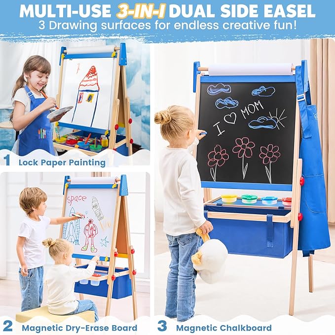 Art Easel for Toddlers Kids, Adjustable Standing Art Easel with Magnetic Chalkboard & Whiteboard, Dry-Erase Board, Paper Roll, Drawing & Painting Easel for Kids Ages 3 4-8 9-12, Blue w/Bag