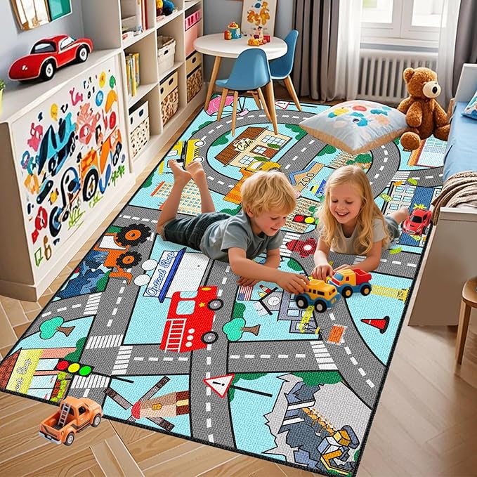 Car Mat for Kids Toy Cars - Car Track Rug Car Carpet for Kids Play Mat City Life Road Rug for Playroom Living Room Bedroom Classroom, 3'×5'